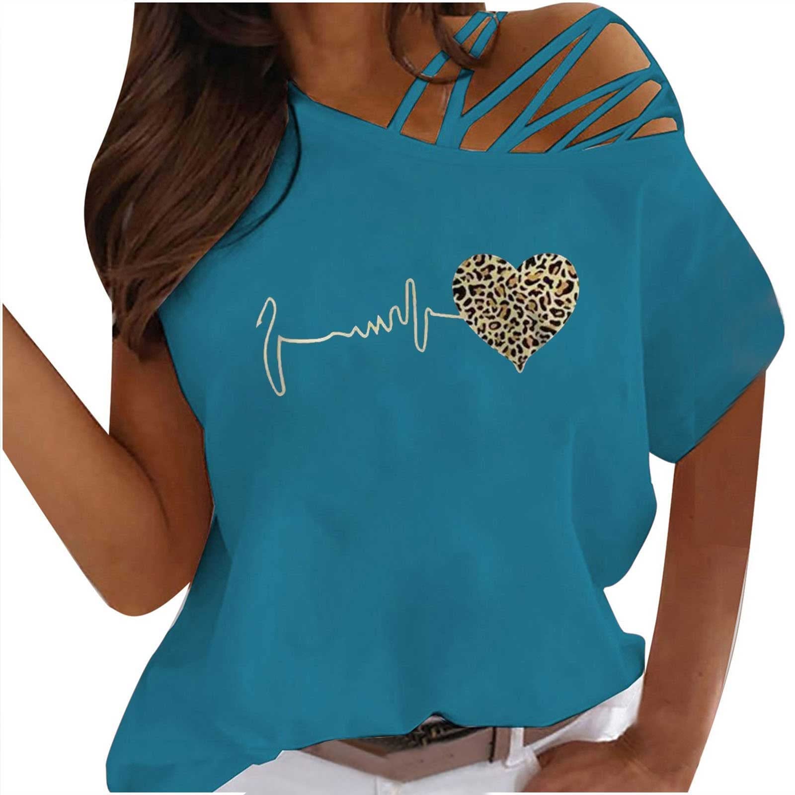 Sexy Off Shoulder Short Sleeve T-Shirt for Women - Summer Casual Pullover Blouse with Heart Print | Perfect for Beach Outings, Date Nights & Vacation Wear