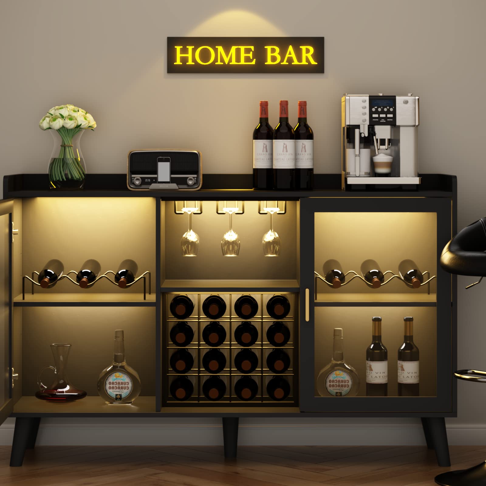 Modern Wine Bar Cabinet with LED Lighting - Freestanding Kitchen Buffet Sideboard with Wine Rack & Glass Storage - Elegant Home Coffee Station & Liquor Cabinet for Living Room, Dining Room (Black) - Perfect for Entertaining Guests & Stylish Home Decor