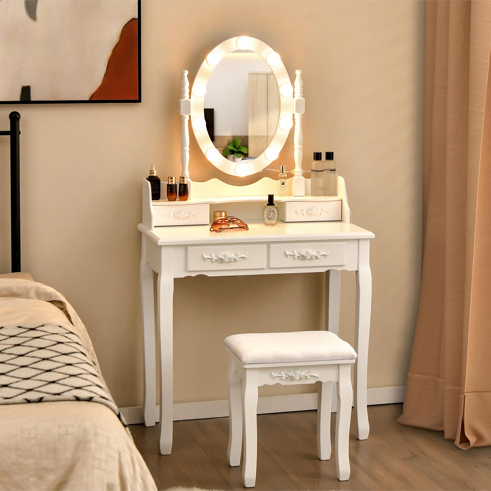 Giantex Makeup Vanity Table with 10 LED Lights - Adjustable Brightness & 3 Color Modes, 4 Drawers & Rotating Mirror, Includes Cushioned Stool - Perfect Dressing Table for Bedroom, Beauty Salon or Home Decor (White)