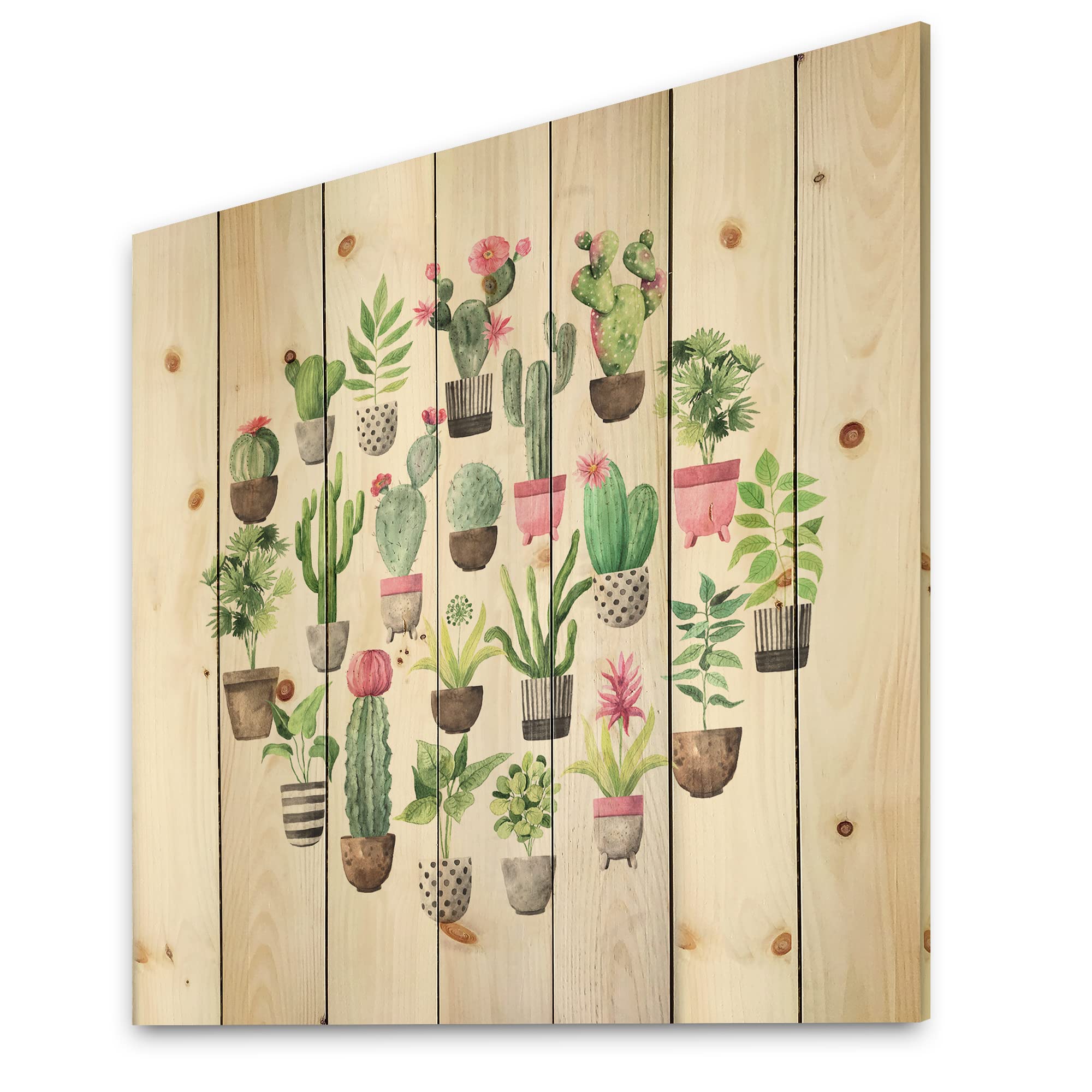 DesignQ Cacti in Ceramic Pots - Gentle Tone Botanical Wall Art Print on Natural Pine Wood | Perfect for Home, Office & Boho Decor