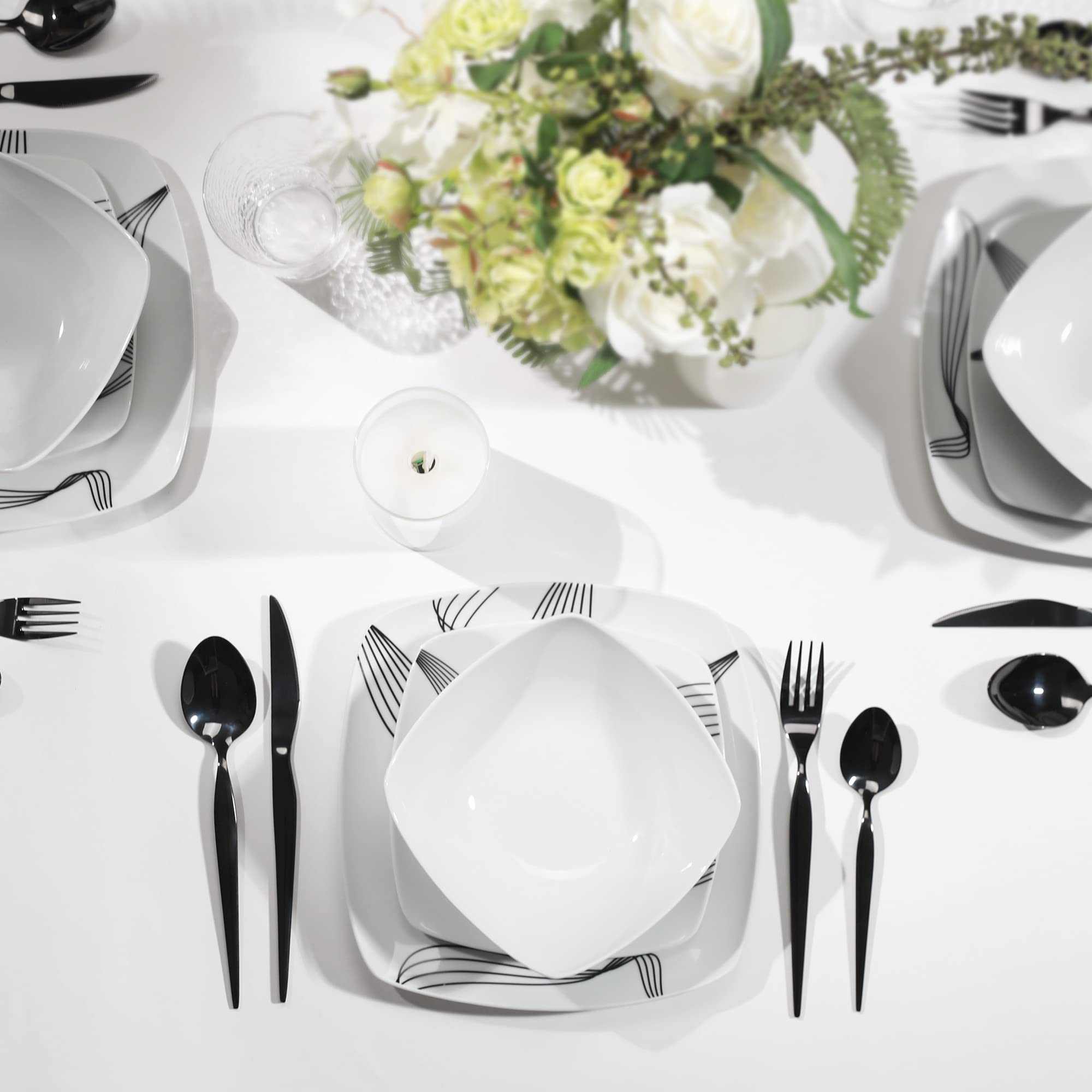 18-Piece Square Porcelain Dinnerware Set for 6 - Modern Ceramic Plates & Bowls - Dishwasher & Microwave Safe - Minimalist Line Spectrum Design - Perfect for Everyday Dining, Dinner Parties & Restaurant Use