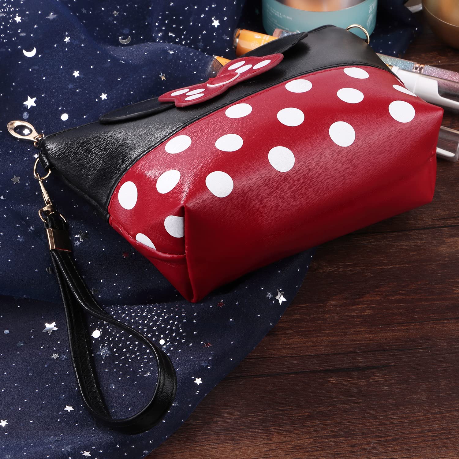 2 Pack Cute Cartoon Leather Travel Makeup Bag for Women & Teens - Portable Cosmetic Organizer & Toiletry Pouch for Girls (Black) | Perfect for Travel, Gym, School & Daily Use
