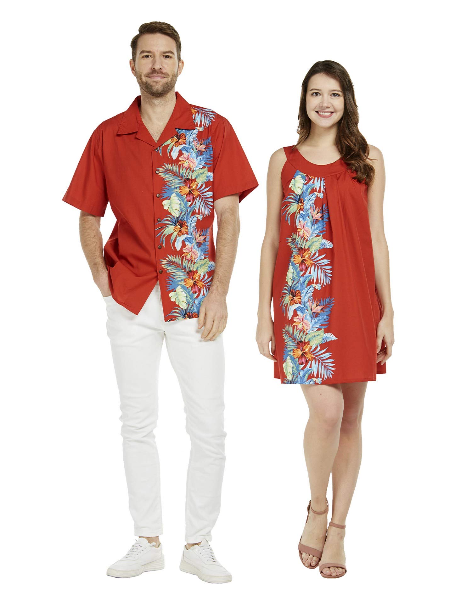 Matching Couple Hawaiian Luau Aloha Shirts - Round Neck Floral Dress in Navy Blue | Tropical Vacation, Beach Party, Summer Outfits