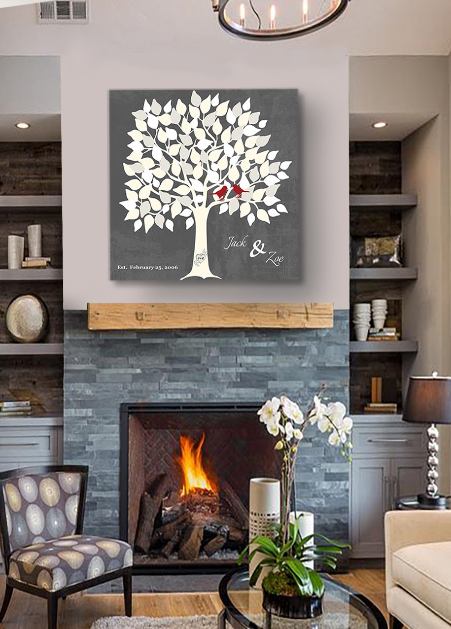 Personalized Wedding Tree Guest Book - Unique Bridal Shower Gift for 100-150 Signatures - Gray Canvas Wall Decor 30
