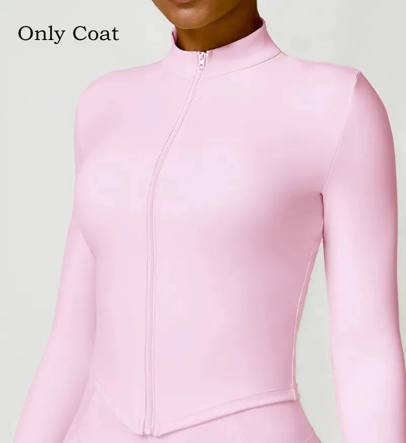 Women's Long Sleeve Quick Dry Yoga Outfit Set - Nude Zippered Sport Coat & Shorts for Fitness, Running & Workouts | Moisture-Wicking Activewear for Gym, Yoga & Outdoor Sports