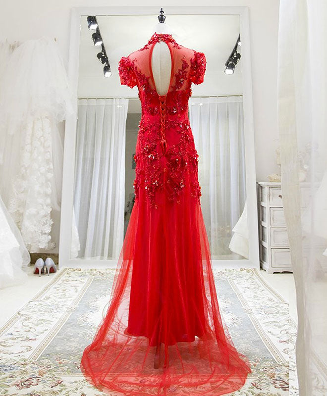 Elegant Red Tulle Lace Long Prom Dress for Women - Formal Evening Gown for Homecoming, Wedding, and Special Occasions