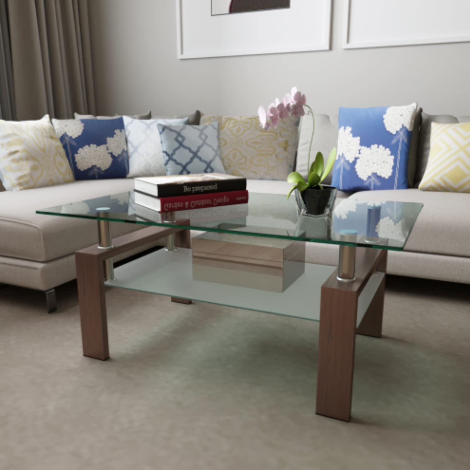 Modern Glass Coffee Table with Storage Shelf - Rectangle Living Room Center Table with Metal Tube Legs & 8mm Tempered Glass - Perfect for Small Spaces, Apartments, Living Rooms and Reception Areas