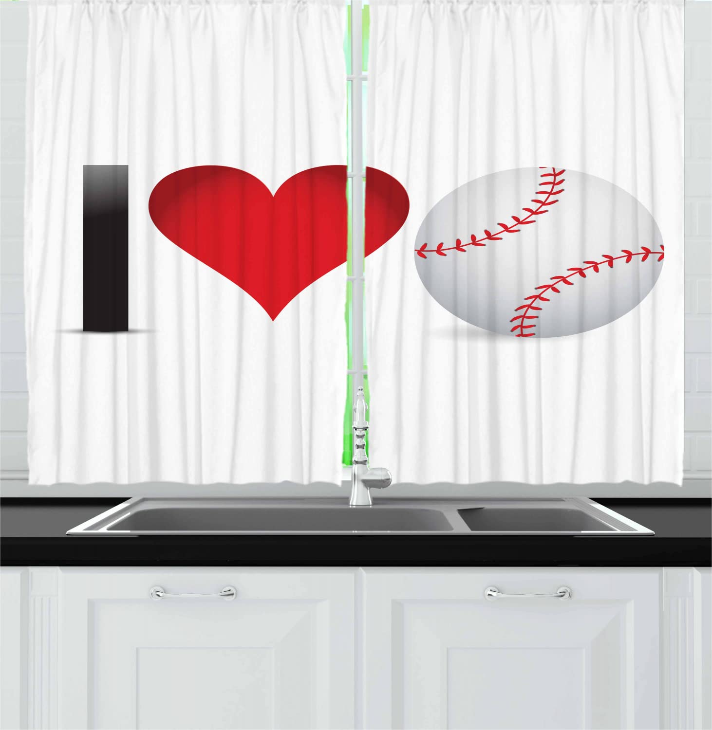 Ambesonne Baseball Kitchen Curtains - Red Black White Heart & Ball Design, 55