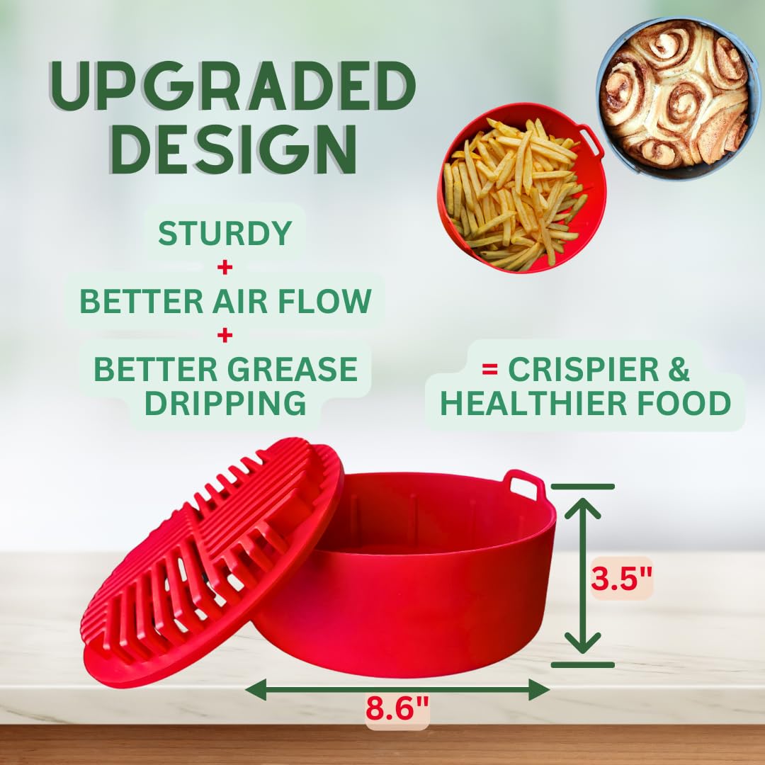 Reusable Silicone Air Fryer Basket - BPA-Free Non-Stick Accessory for Healthy Cooking (8.6 Inch, Red) - Perfect for Frying, Baking & Roasting Vegetables, Chicken Wings & More