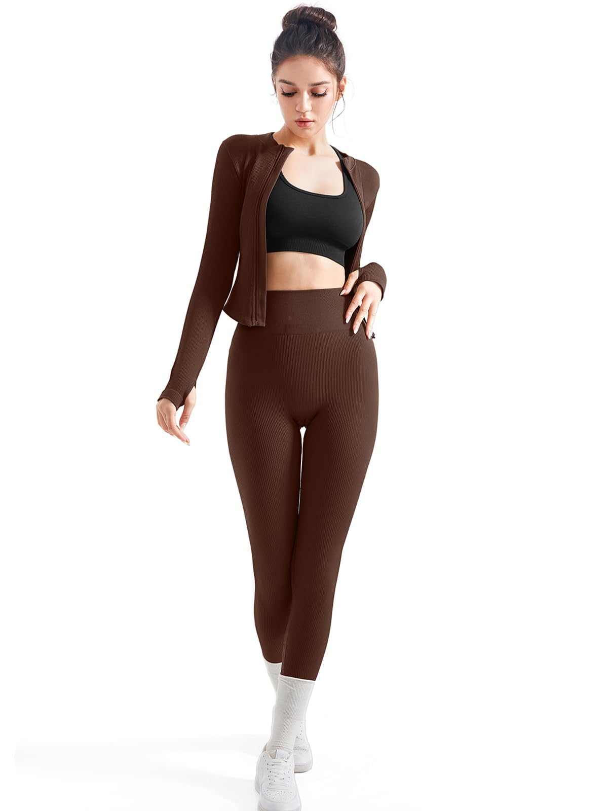 SUUKSESS Women's 2-Piece Seamless Ribbed Workout Set with Zip-Up Jacket & High Waisted Yoga Leggings - Gym, Running, Pilates & Lounge Wear for Women