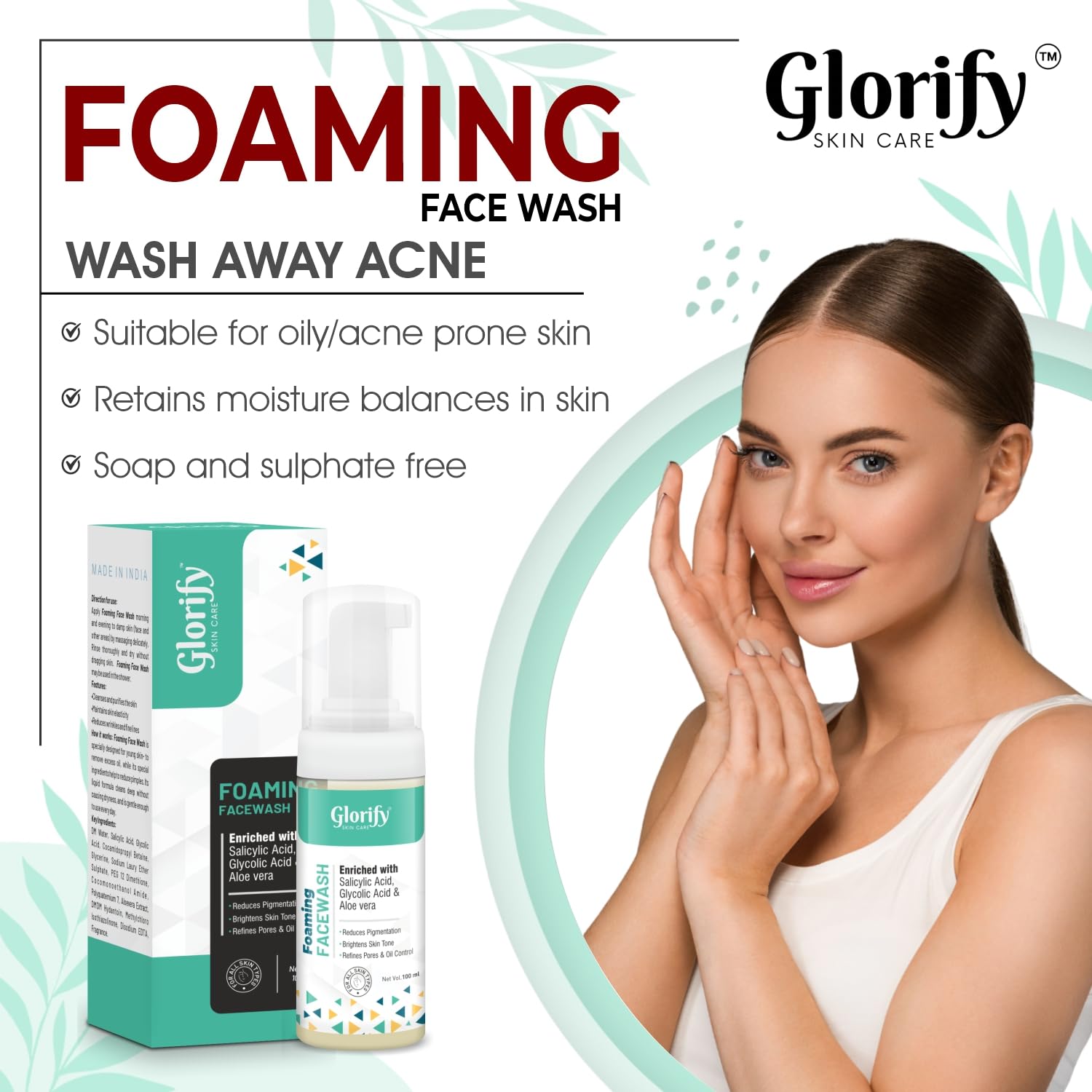 Glorify Foaming Face Wash for Brightening Skin [100ml] - Reduces Pigmentation, Refines Pores & Controls Oil | Gentle Daily Cleanser for Oily & Combination Skin, Perfect for Morning & Night Routine