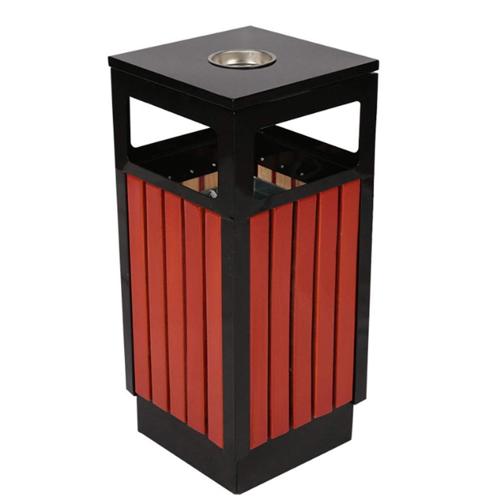 Premium Outdoor Square Wooden Trash Can with Lip - Stainless Steel Garbage Bin for Patio, Garden & Backyard - 31.5x14.2inch Brass Recycling Waste Bin - Ideal for Paper, Rubbish & Eco-Friendly Waste Disposal