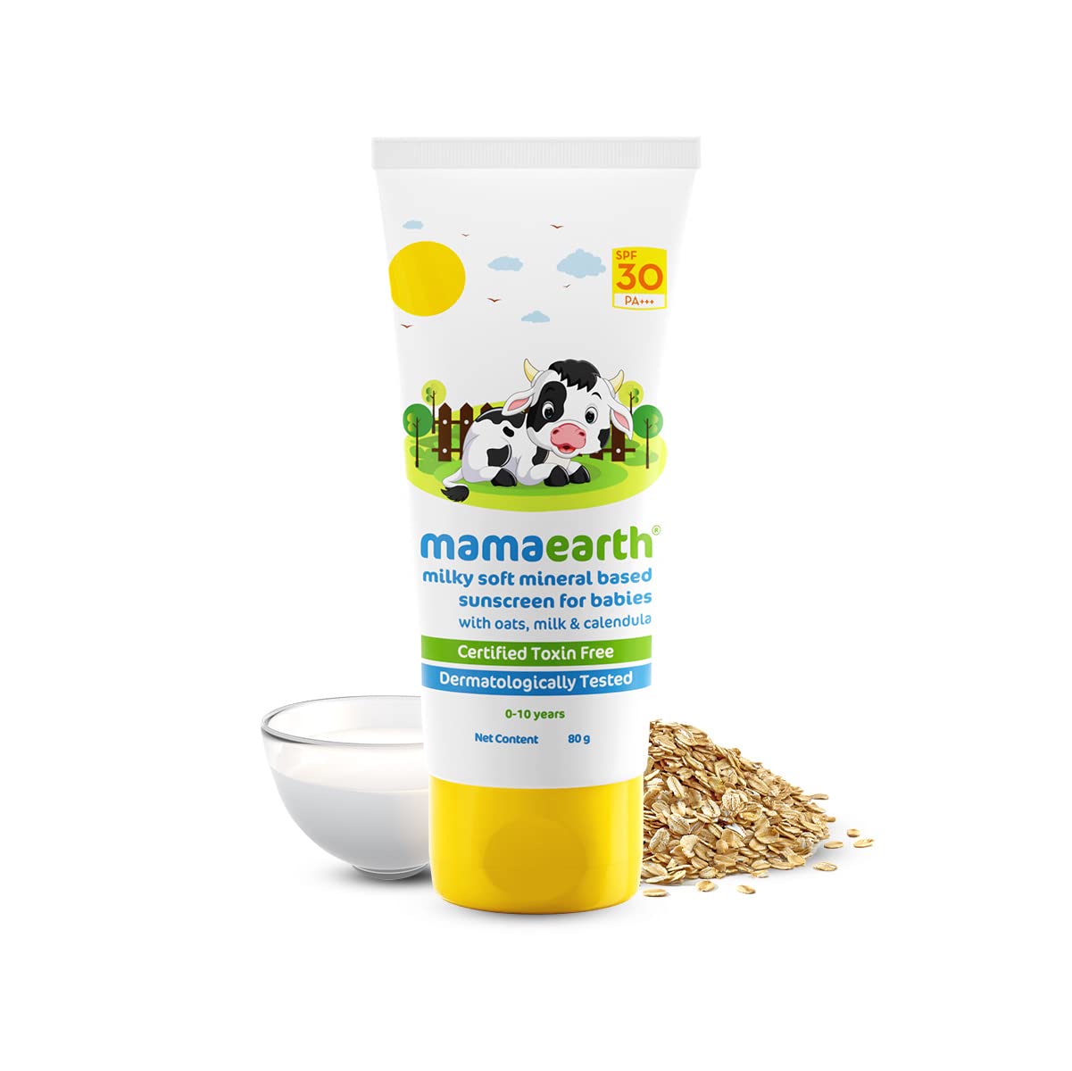 Mamaearth Milky Soft Mineral Based Sunscreen SPF 30 PA+++ with Oats, Milk & Calendula for Babies - 80g | Gentle Sun Protection for Infant Skin, Outdoor Activities & Daily Use