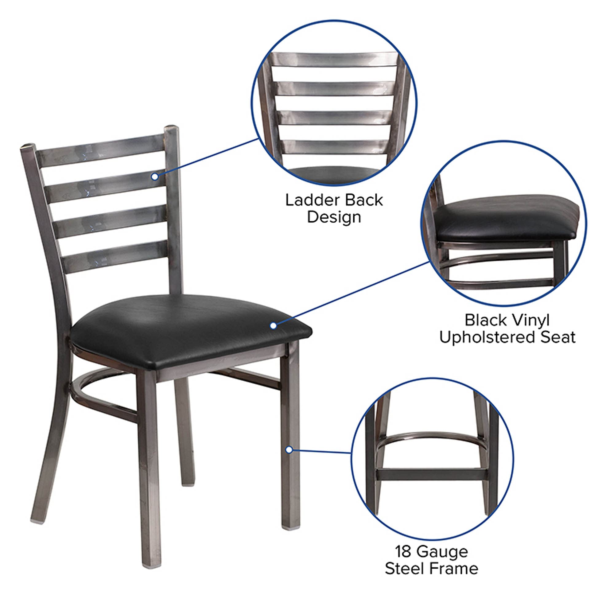 Flash Furniture 2-Pack HERCULES Series Metal Restaurant Chairs with Ladder Back Design - Black Vinyl Seat, Clear Coated for Durability - Perfect for Dining Rooms, Cafes, and Commercial Use