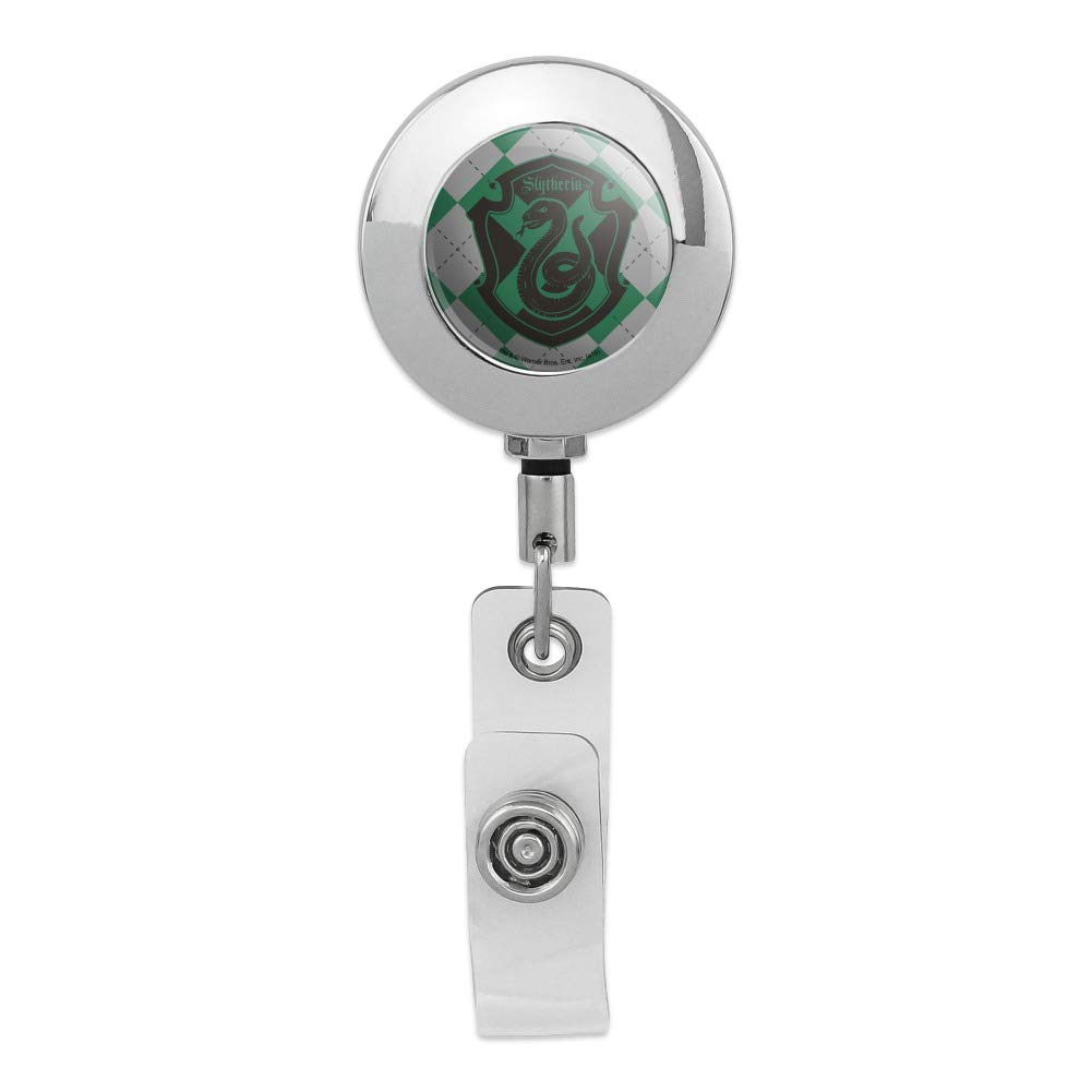 Harry Potter Slytherin Plaid Sigil Metal ID Badge Holder - Premium Retractable Reel with Chrome Clip - Perfect for Work, School, and Cosplay Accessories