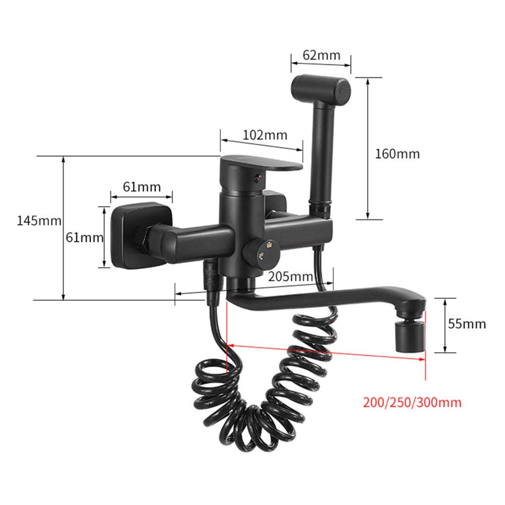 Black Wall Mount Kitchen Sink Faucet - Double Hole Hot and Cold Water Mixer Tap with 180° Rotatable Spray Gun & 30cm Brass Outlet Pipe - Perfect for Modern Kitchens, Restaurants, and RV Camping