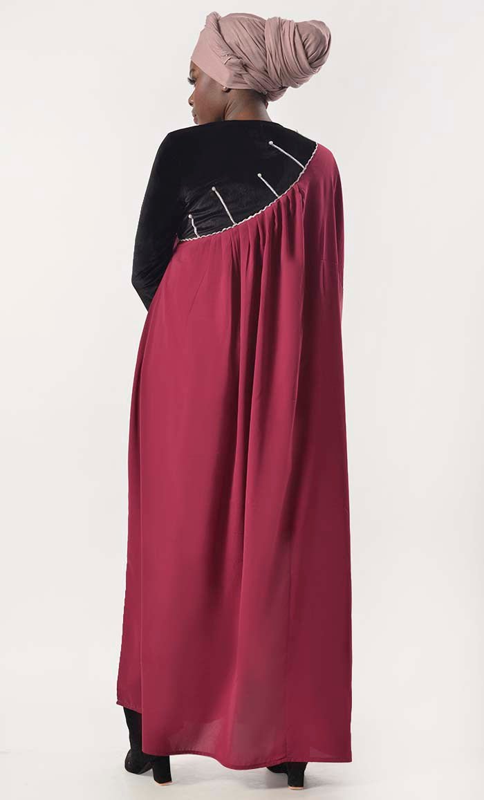 Elegant Black and Maroon Asymmetrical Abaya Kaftan Dress for Women - Perfect for Eid, Ramadan, and Special Occasions