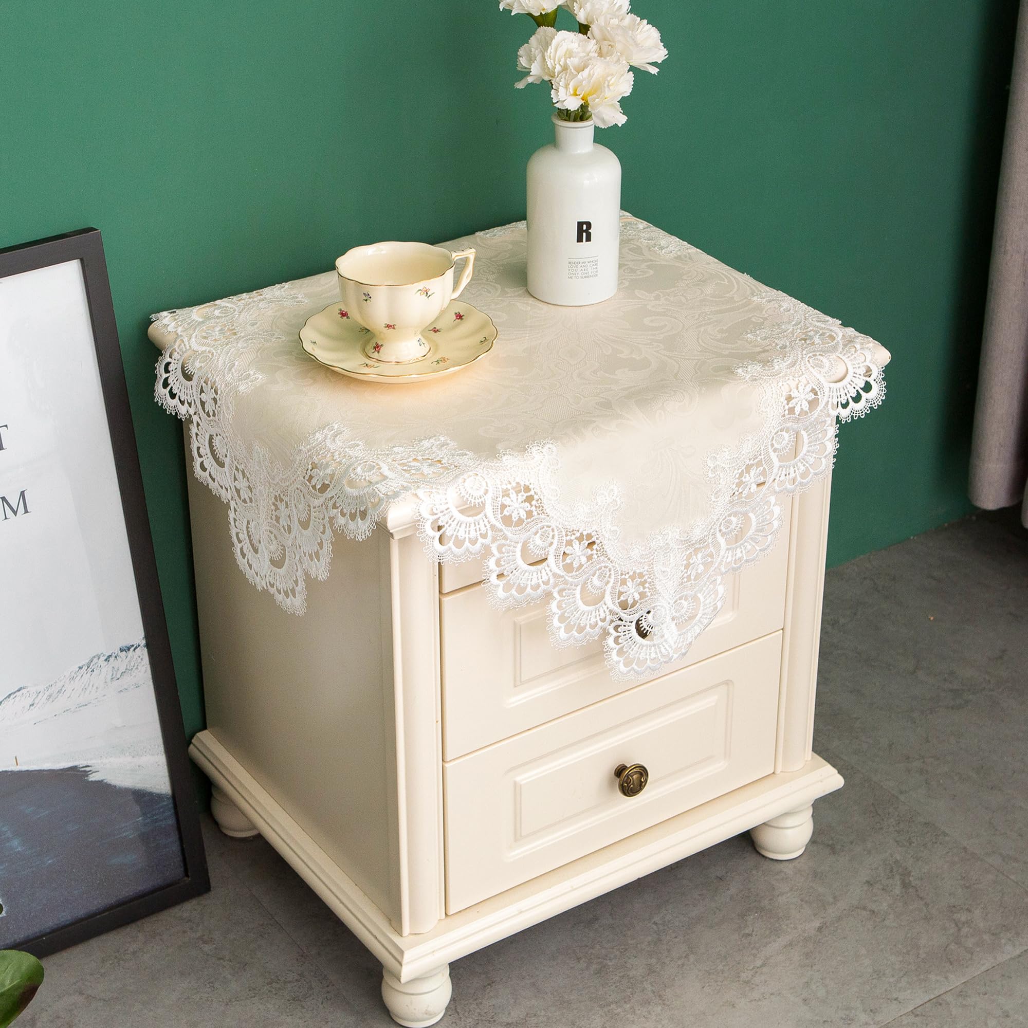Elegant White 24x24 Inch Embroidered Lace Square Tablecloth with Macrame Border - Farmhouse Style Side Table Cover for Dresser, Nightstand & Coffee Table - Perfect for Dining Room Decor, Tea Parties & Home Staging