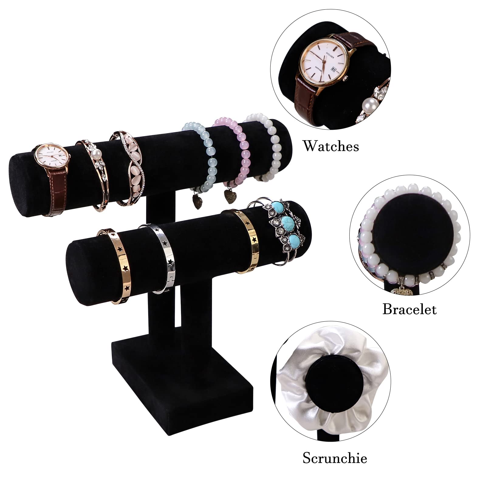 Velvet Jewelry Organizer Stand - 2-Tier Bracelet Holder for Watches, Necklaces & Rings | Jewelry Display & Storage for Women & Girls | Perfect for Dresser, Vanity & Travel (Black)