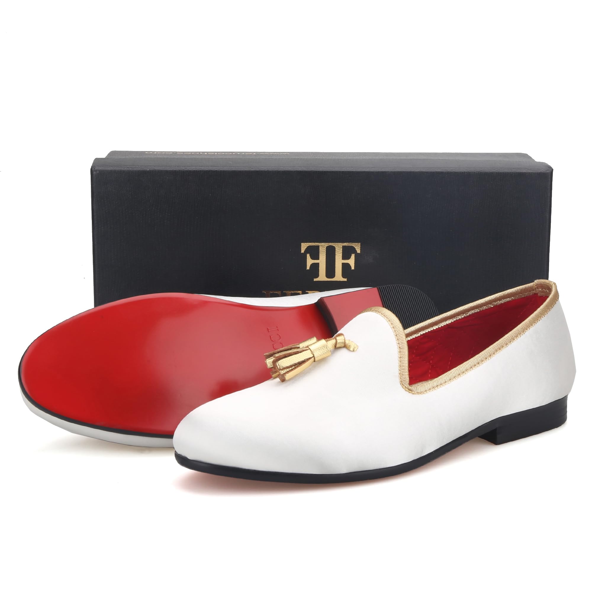 FERUCCI Handmade Men's Velvet Loafers with Gold Tassel - Luxurious White House Slippers for Indoor Comfort & Elegant Lounging