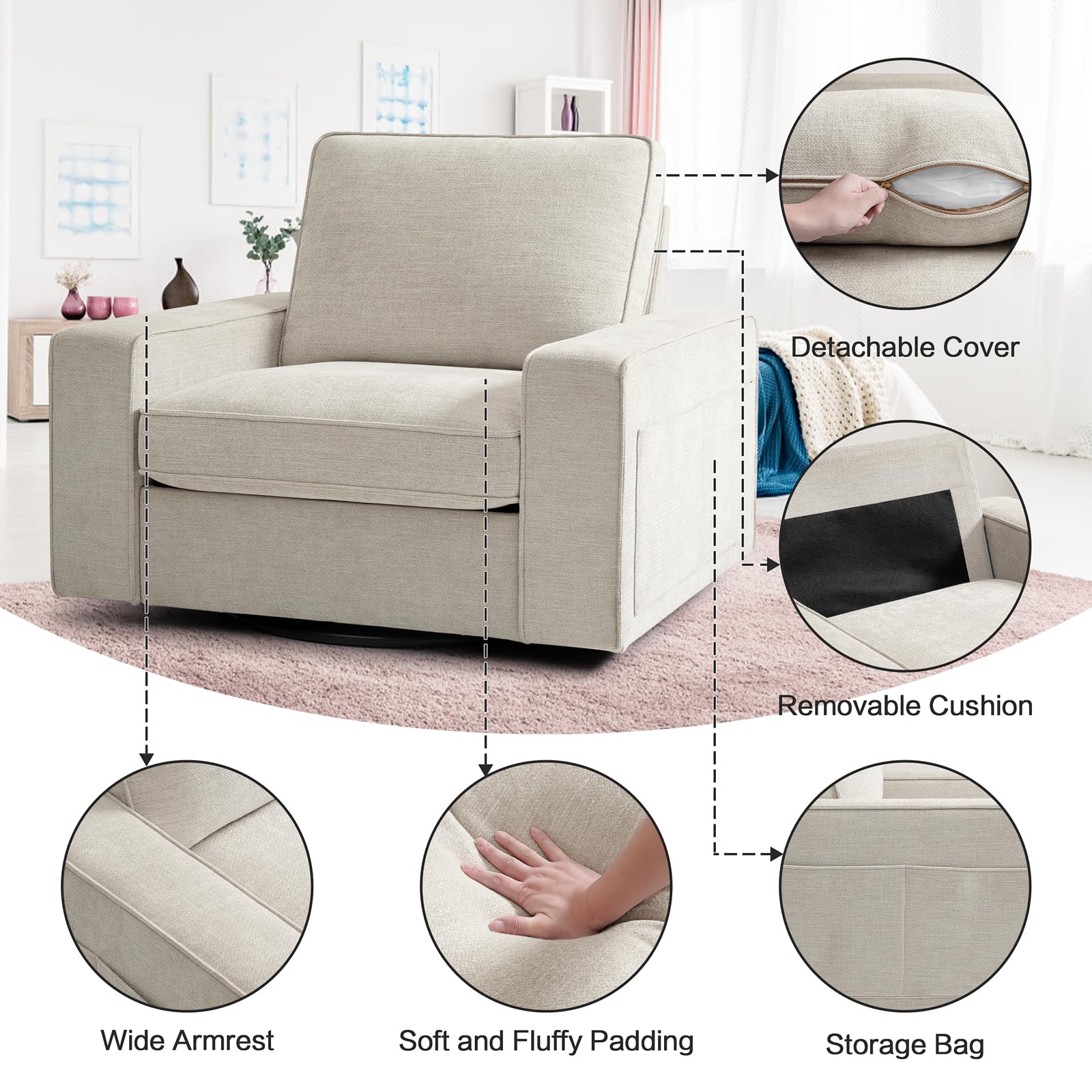 Comfy Swivel Accent Chair for Living Room - Soft & Breathable Padded Single Sofa Chair with Extra Wide Armrests, Washable Detachable Cover (Beige) - Perfect for Reading Nooks, Small Spaces & Home Offices
