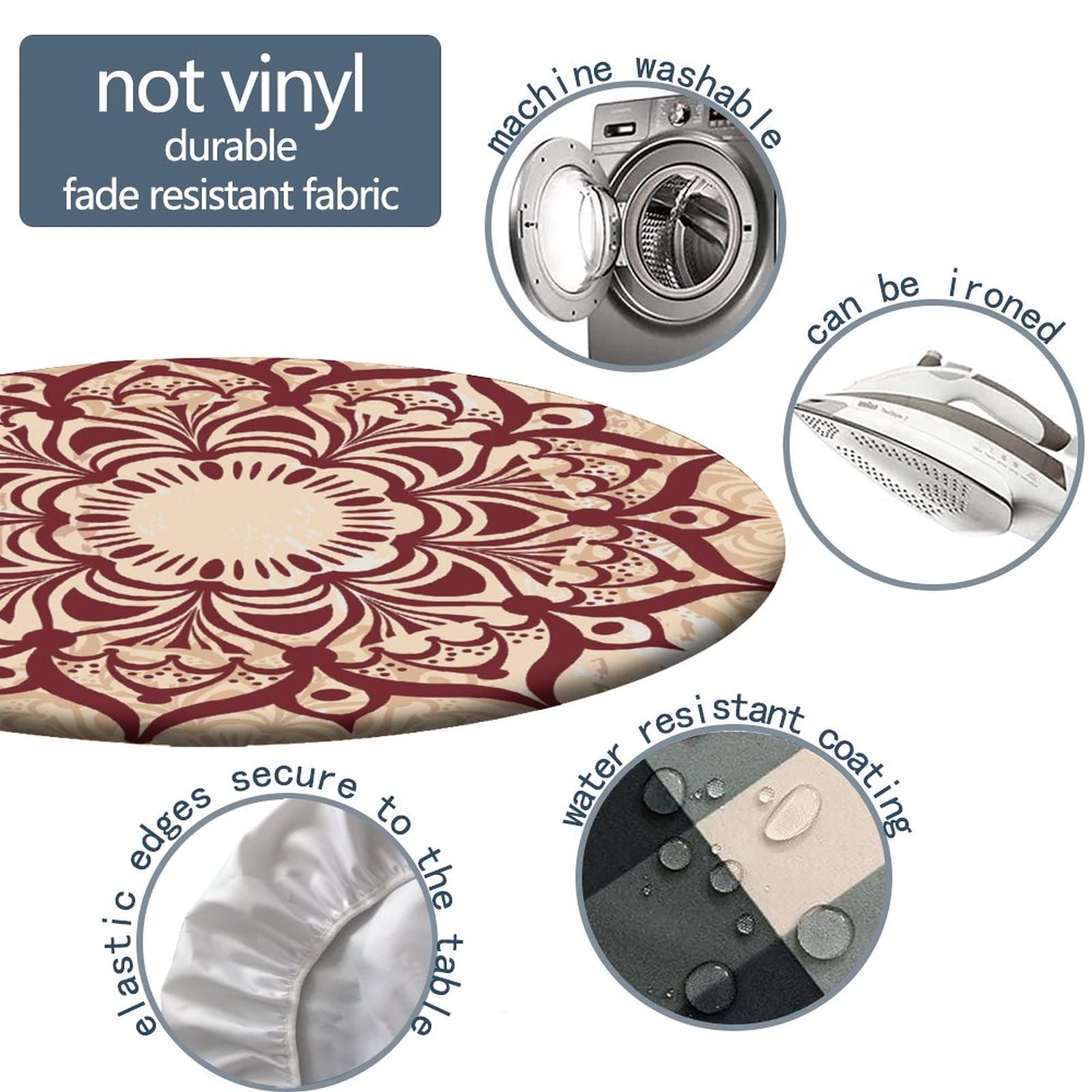 Mandala Fitted Round Tablecloth with Elastic Edge - Waterproof Washable Table Cover for 52 Inch Tables - Indoor Outdoor Party Decor in Tan Sienna - Perfect for Dining, Picnics, and Special Events