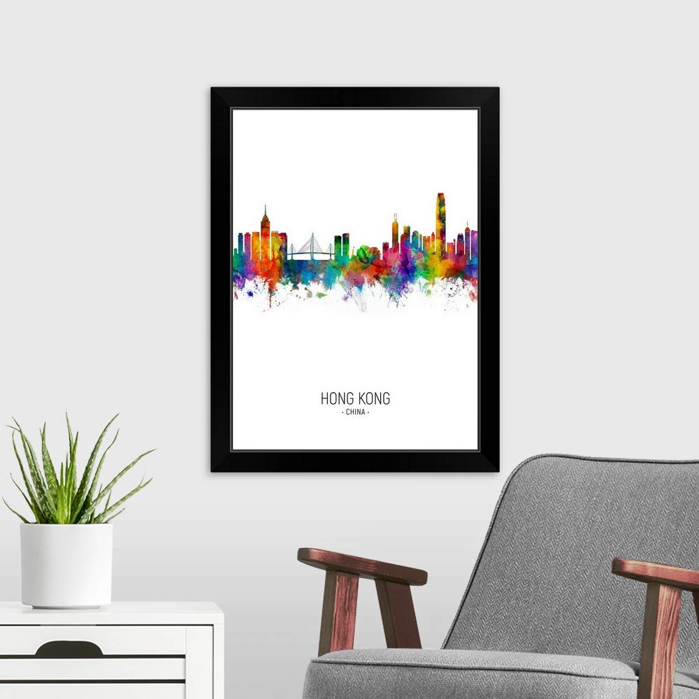 Hong Kong Skyline Black Framed Wall Art Print - Modern Cityscape Artwork for Home & Office Decor