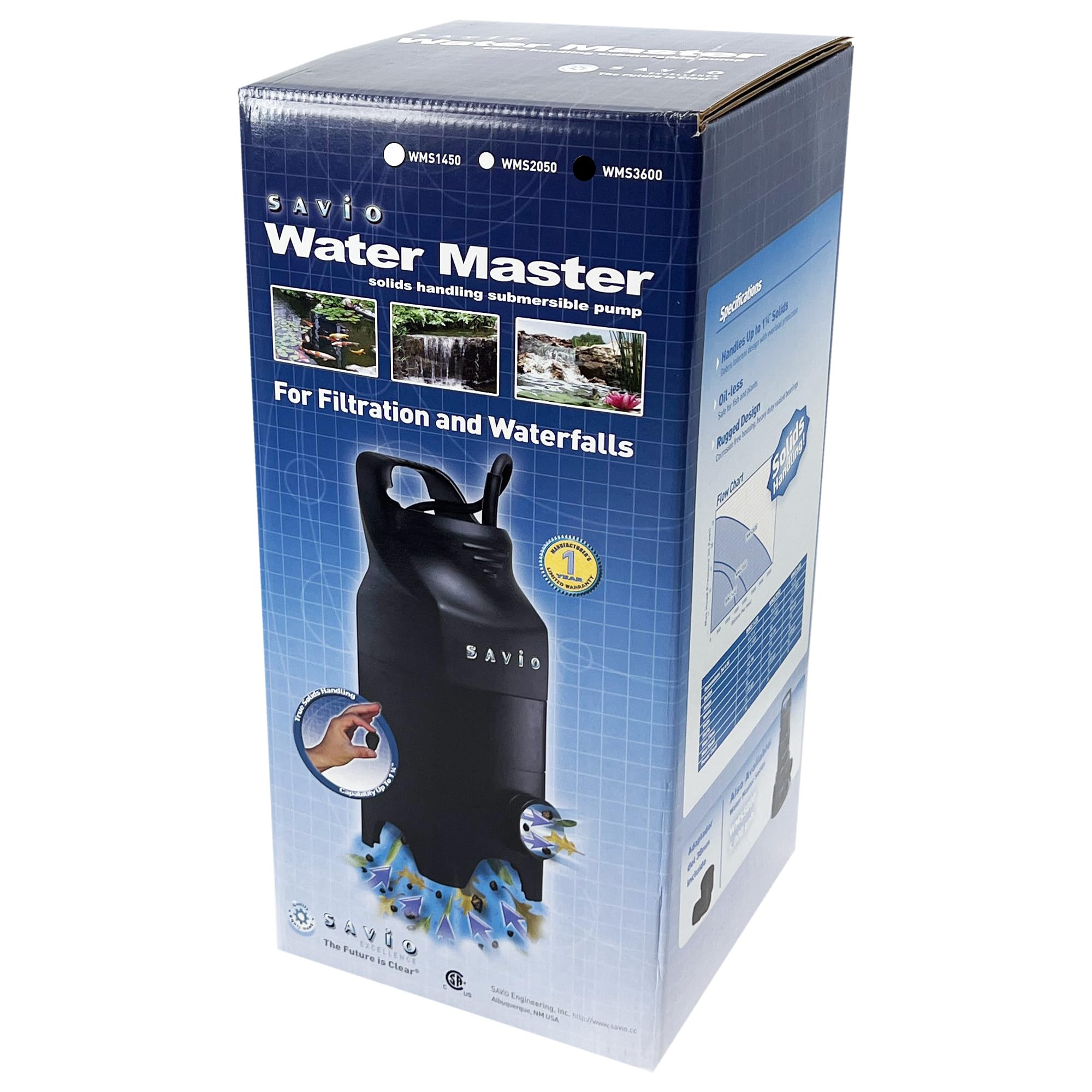 Savio WMS3600 3600 GPH Submersible Water Pump for Ponds, Fountains & Waterfalls - Heavy Duty Solids Handling - Ideal for Garden, Pool & Outdoor Water Features