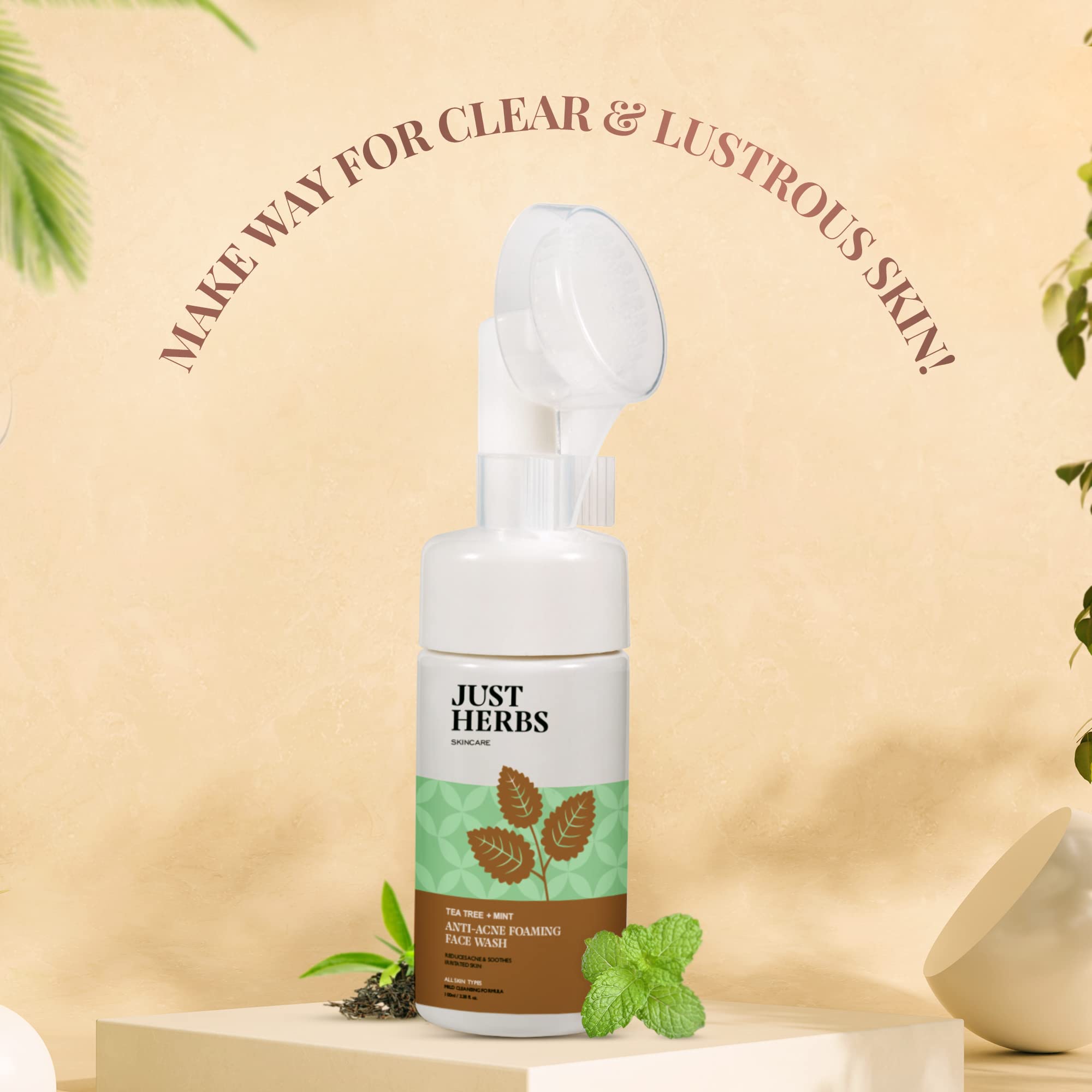 Just Herbs Anti Acne Foaming Face Wash for Men & Women - Tea Tree & Mint Oil Control, Glowing Skin Cleanser with Brush (100ml) - Perfect for Daily Skincare Routine & Acne-Prone Skin