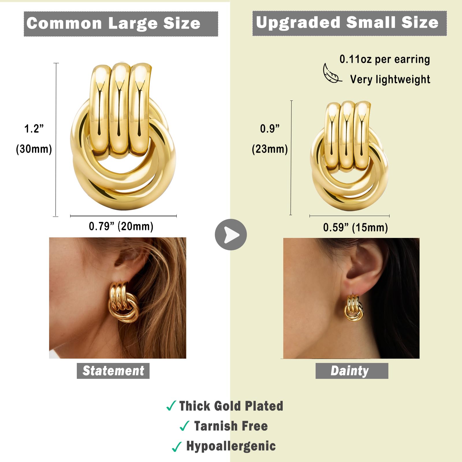 Chunky Small Knot Geometric Earrings for Women - Gold & Silver Plated Dangle Drop Earrings - Hypoallergenic Lightweight Fashion Jewelry - Perfect for Parties, Weddings and Daily Wear