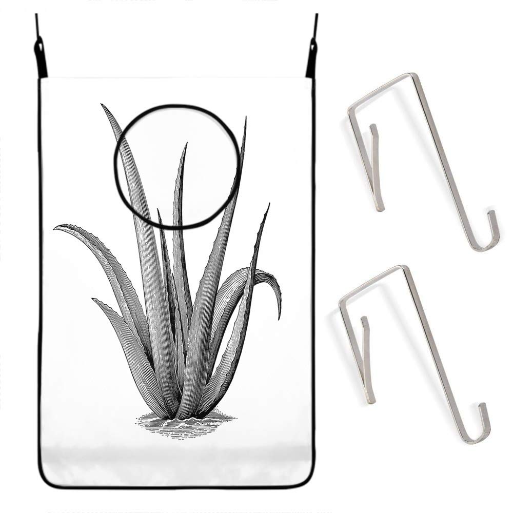 Vintage Aloe Laundry Hamper Basket with 4 Hooks - Large Washing Storage Bag for Dirty Clothes, Botanical Plant Flower Sketch Design - Perfect for Bedroom, Bathroom, Laundry Room & Dorm Organization