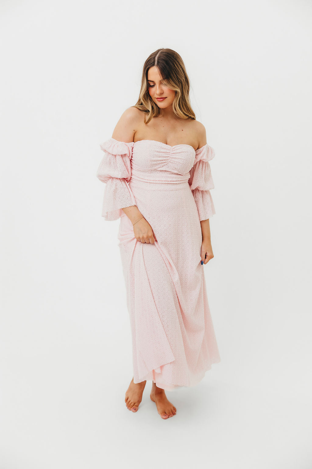 Corrine Tiered Sleeve Maxi Dress with Pockets - Baby Pink Maternity Dress | Bump Friendly & Comfortable for Pregnancy, Nursing, Special Occasions & Summer Weddings