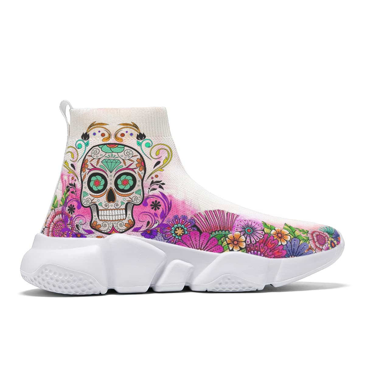 Hetios Women's Fashion Skull Print Slip-On Sneakers - Knit Breathable Running Shoes for Jogging, Walking & Casual Wear - White Athletic Shoes for Women (Perfect for Gym, Workout & Street Style)
