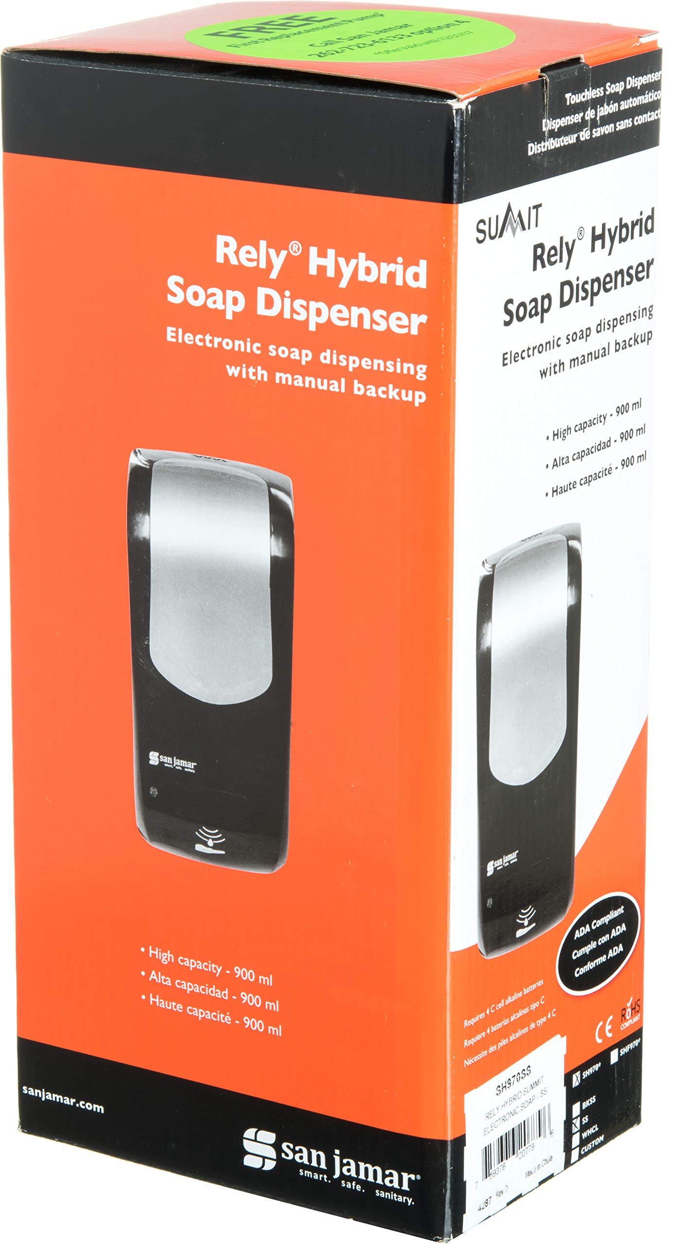 San Jamar Classic Rely Hybrid Electronic Soap Dispenser - 900ml Touchless Hand Sanitizer & Lotion Dispenser for Bathroom, Kitchen, Restaurant - Stainless Steel Look Plastic Dispenser - Ideal for Home, Office, and Commercial Use