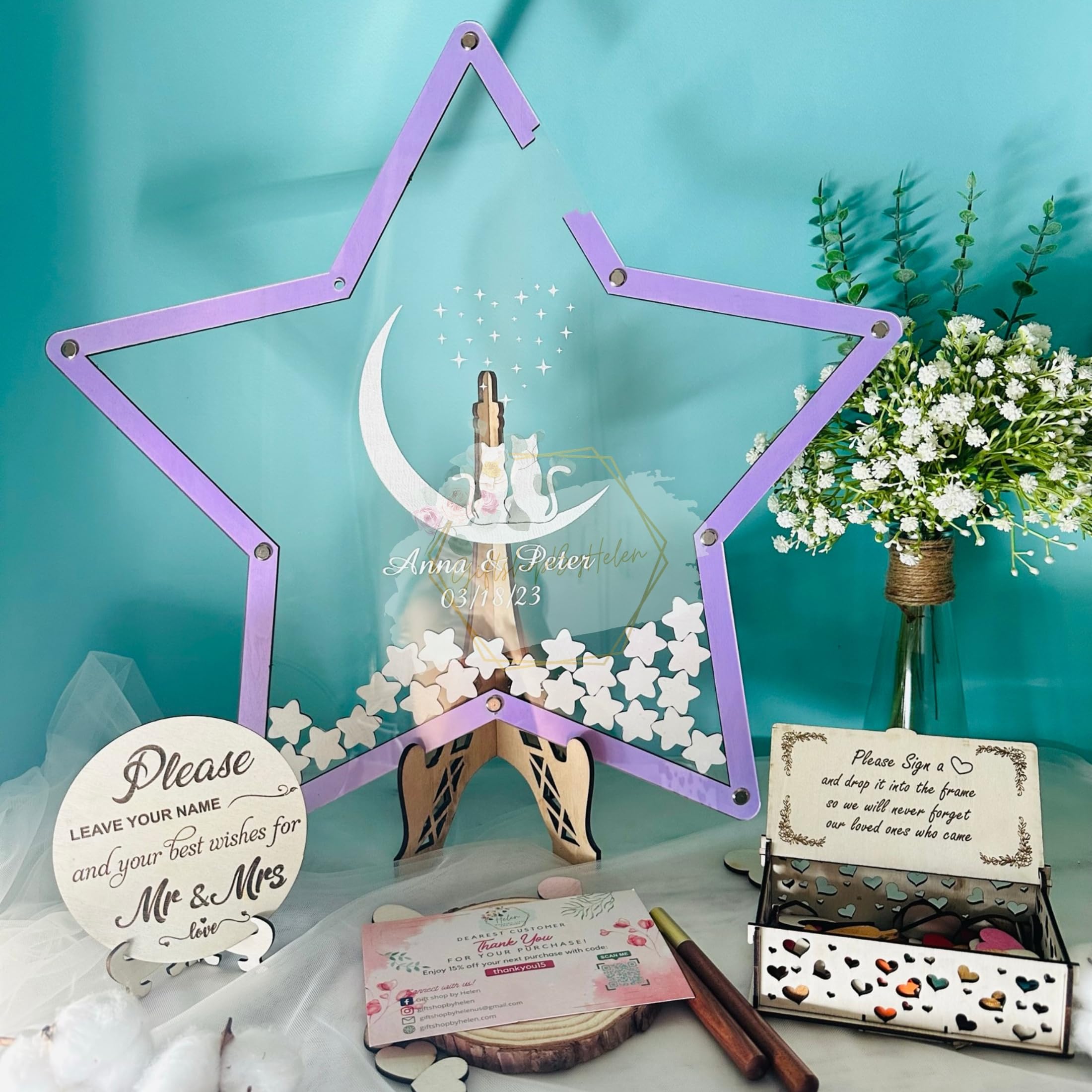 Custom Star-Shaped Wooden Quinceañera Guest Book Alternative Frame - Transparent Keepsake for Sweet 15, Weddings, Birthdays & Baby Showers | Unique Party Decor & Memorable Gift Idea