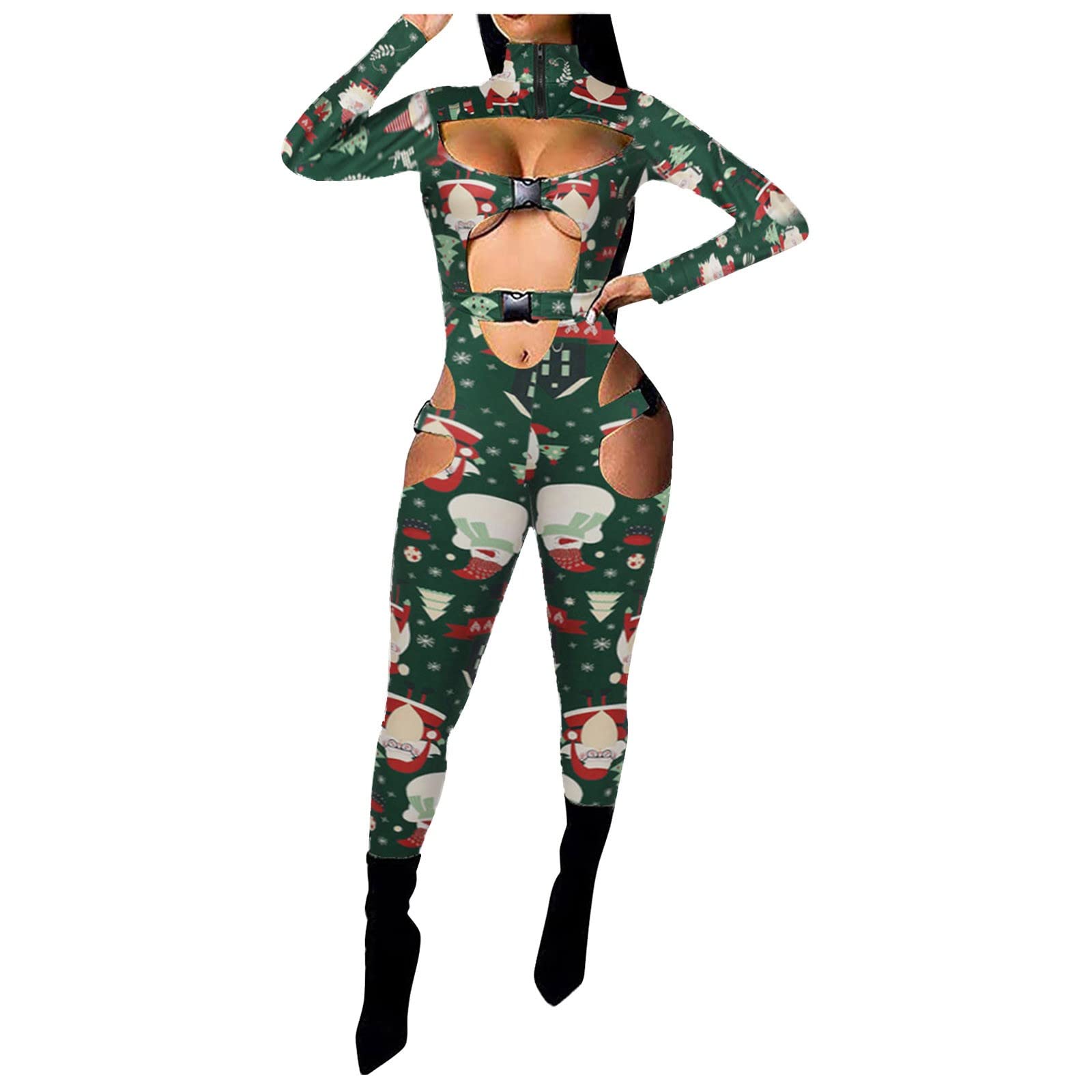 Women's Long-Sleeve Jumpsuit - Gym Workout Playsuit with Shapewear, Outdoor Fitness One-Piece for Yoga, Running & Christmas Gifts (Green, Size L) - Perfect for Workouts, Casual Wear & Holiday Outfits