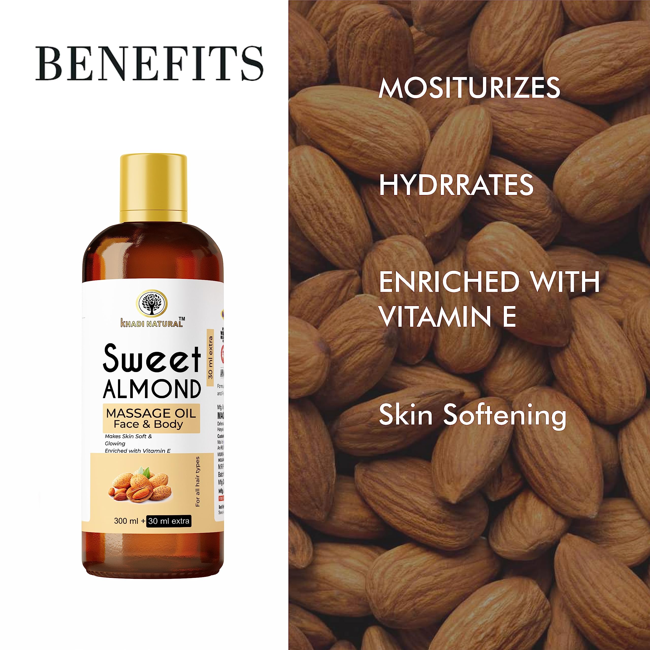 Organic Ayurvedic Sweet Almond Massage Oil - 100% Natural, Paraben & Mineral Oil Free - 330ml for Relaxation, Aromatherapy & Skin Care