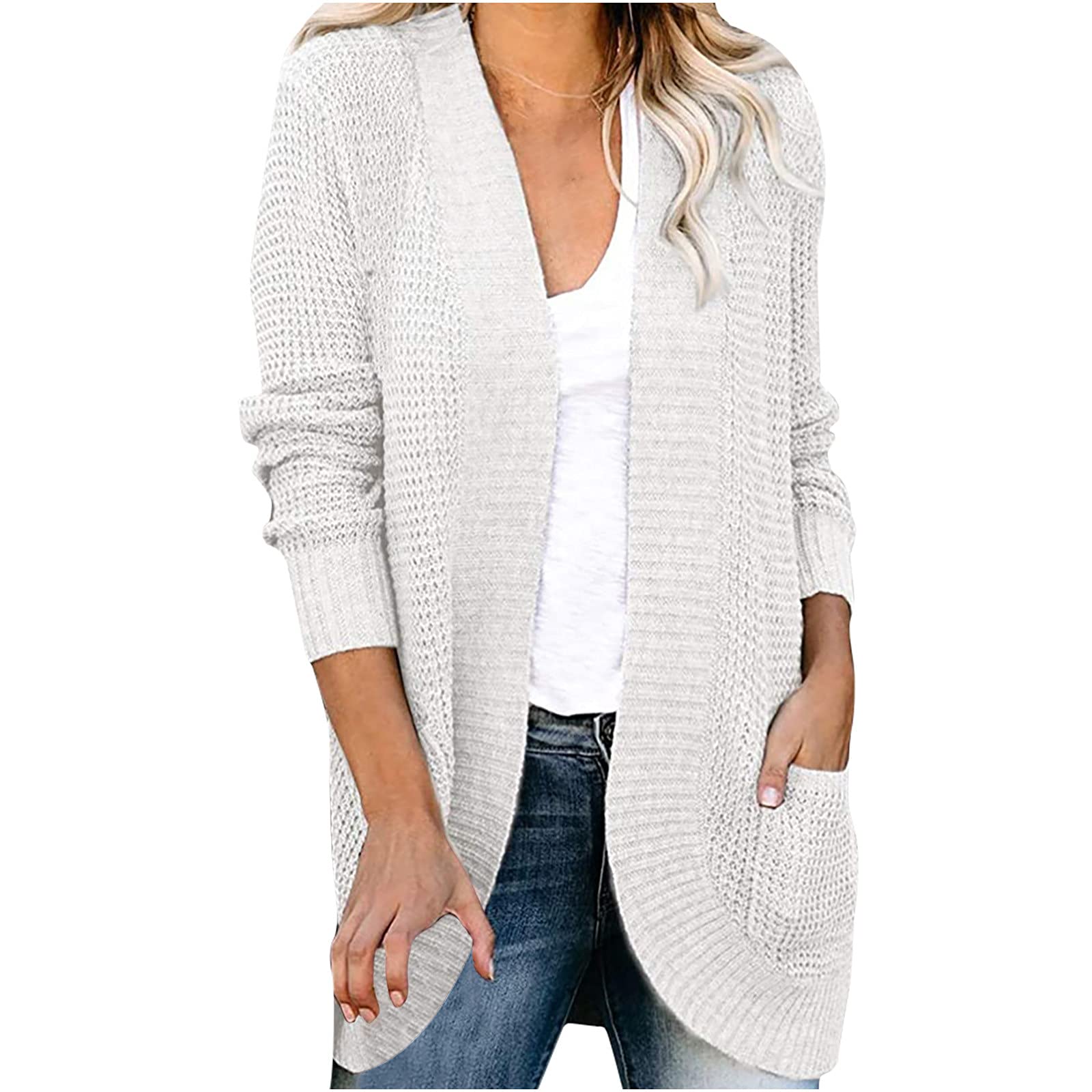 Women's Chunky Open Front Cardigan - Long Sleeve Loose Fit Knit Draped Sweater Waffle Knitted Long Cardigan Outwear for Casual Wear, Office & Fall Layering