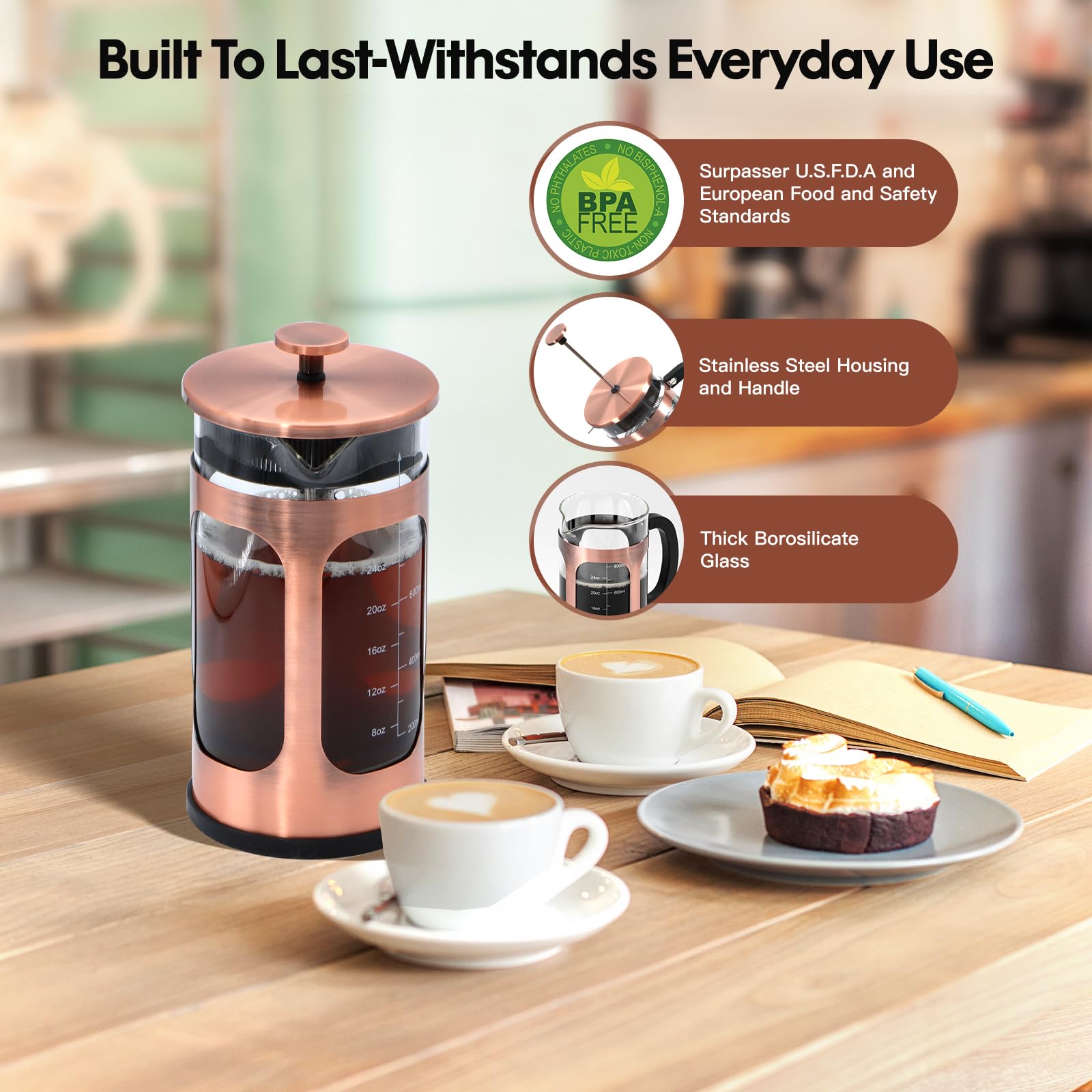 Panana 34oz 1L French Press Coffee Maker - Borosilicate Glass & Stainless Steel (Copper) - Ideal for Hot/Cold Brew Coffee & Tea at Home, Office or Camping