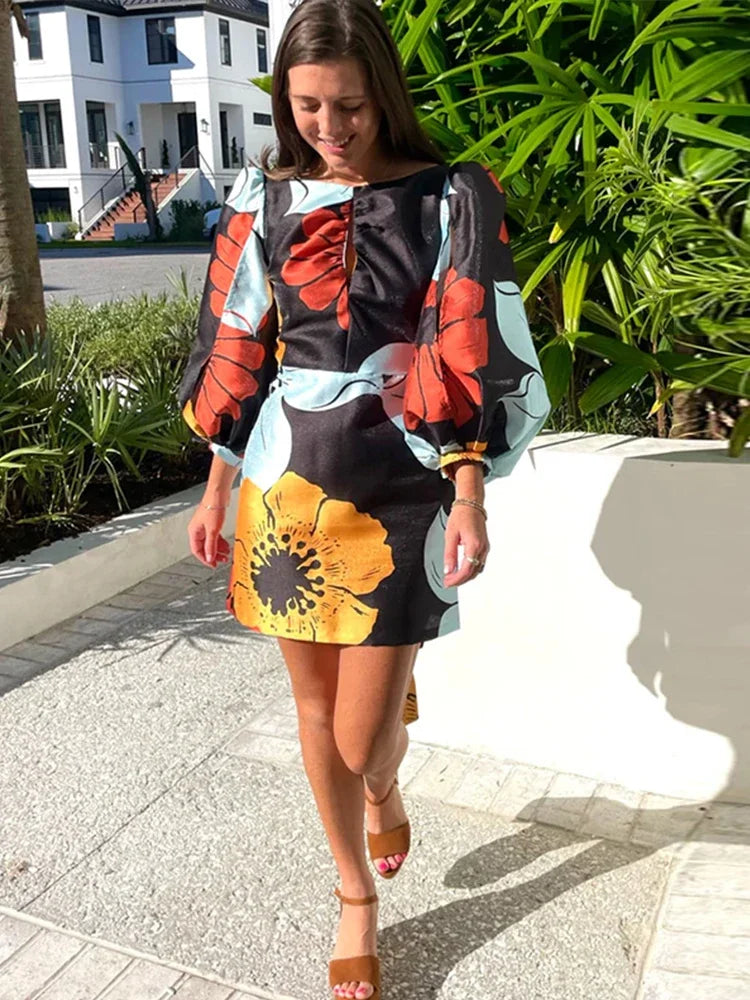 Elegant Backless Floral Mini Dress for Women - Summer Beach Party Dress with Long Lantern Sleeves & Chic O-Neck Design | Perfect for Vacations, Date Nights & Cocktail Parties