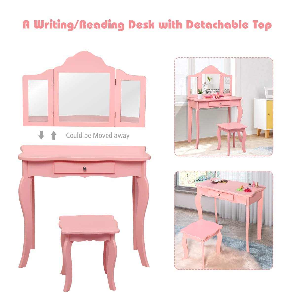 INFANS Kids Wooden Princess Vanity Table & Chair Set - 2-in-1 Toddler Vanity with Stool, Tri-Folding Mirror & Large Drawer - Pretend Play Beauty Makeup Dressing Set for Little Girls - Perfect for Bedroom Decor, Birthday Gifts & Role Play Activities