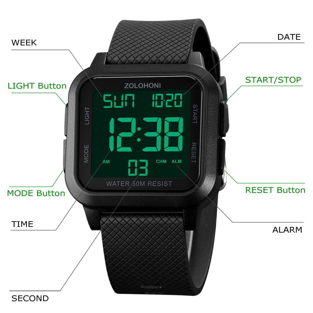 Square Men's Digital Watch - Large Face with Big Numbers, Waterproof LED Watch with Alarm, Date & Stopwatch - Perfect for Outdoor Sports, Running, Swimming & Daily Use