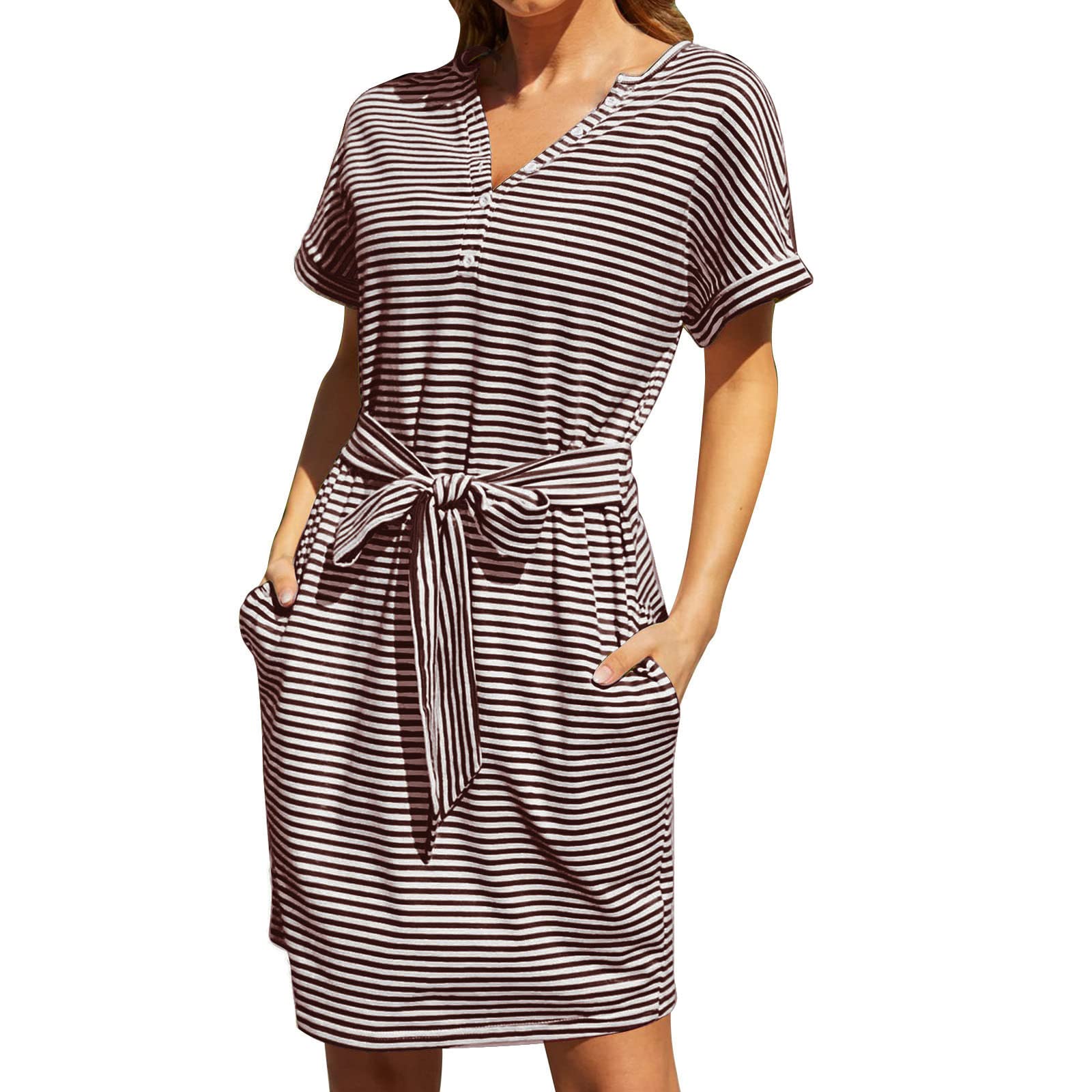 Women's Summer Short Sleeve Striped T-Shirt Dress - Casual O-Neck Tie Waist Mini Dress for Beach, Vacation & Daily Wear | Elegant Summer Outfit