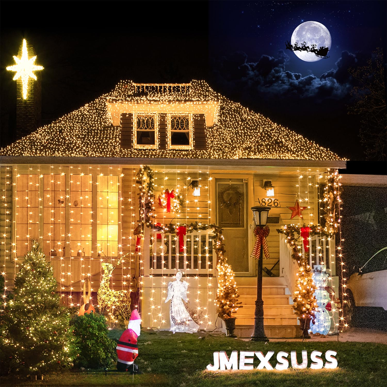 JMEXSUSS 900LED Outdoor Christmas Curtain Lights - 9.5x29.5ft Waterproof String Lights with Remote Control, Warm White Plug-in Hanging Lights for Wedding, Bedroom, Wall Decor, Camping & Holiday Party Backdrop