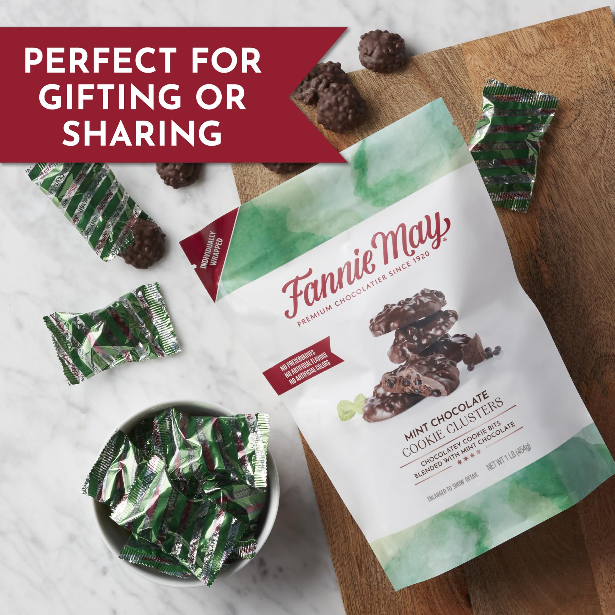 Fannie May Premium Mint Chocolate Cookie Clusters - 2 Bags (32 oz Total) - Gourmet Holiday Chocolate Gifts for Christmas, Birthday & Corporate Events