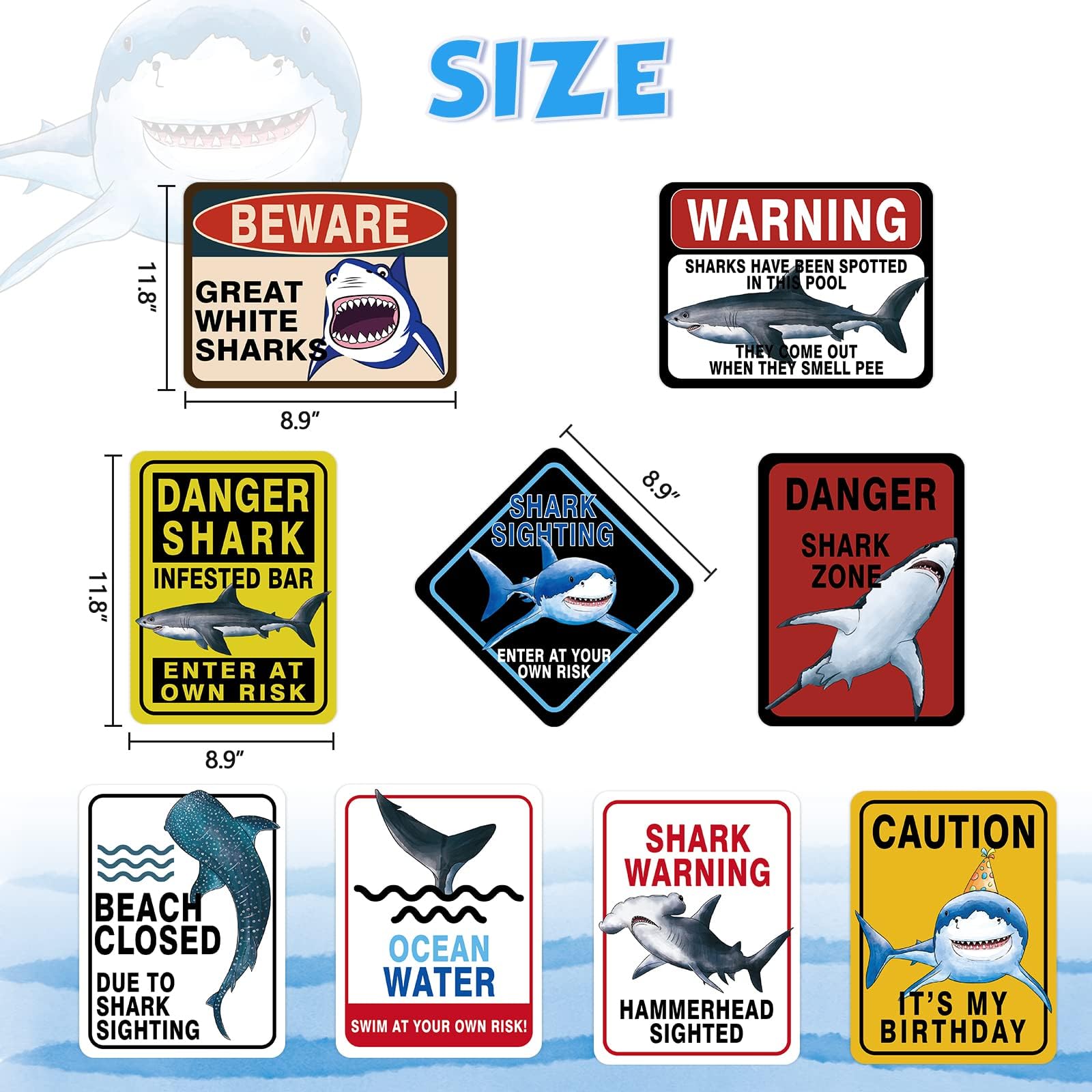 WERNNSAI Shark Zone Party Decorations - 9 PCS Shark Birthday Wall Decor, Posters & Warning Signs for Boys Kids Ocean Theme Party Supplies | Perfect for Underwater Birthday, Baby Shower & Classroom Decor