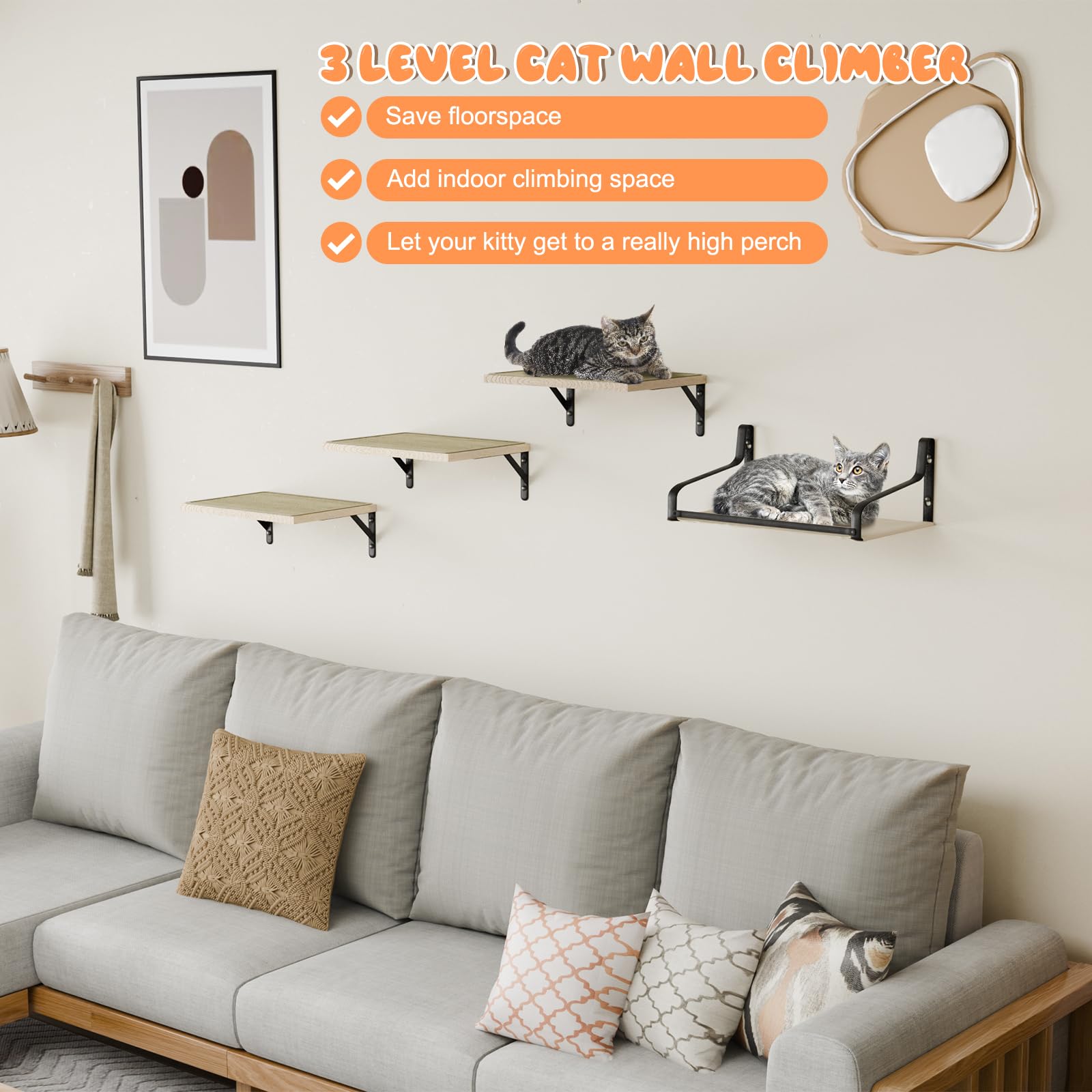 Premium Cat Wall Shelves & Hammock Set - Multi-Level Climbing Perch with Sisal Mat - Wall Mounted Cat Furniture for Sleeping, Playing & Exercise - Perfect for Indoor Cats in Apartments & Homes