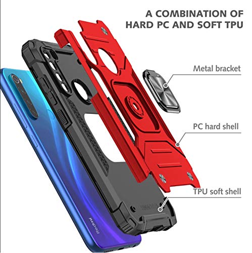 YaHan 2-Pack Heavy Duty Shockproof Case for Xiaomi Redmi Note 8 with 360° Rotating Ring Kickstand & Tempered Glass Screen Protector - Dual Layer Defender Hard Back Cover (Red) | Perfect for Outdoor Activities, Travel Protection & Daily Use