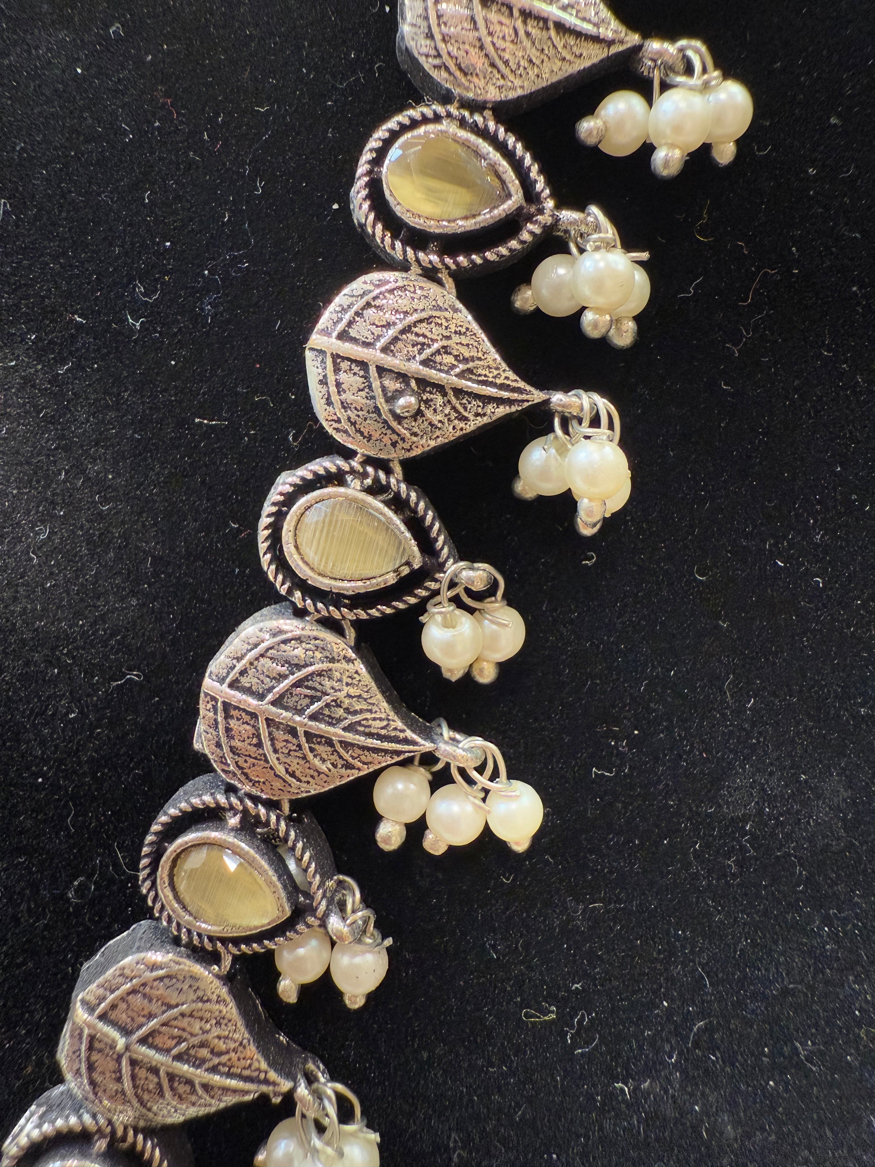 Elegant Silver Plated Oxidized Necklace Set with Pearl Drop Earrings | Light Yellow Jewelry for Women | Perfect for Weddings, Parties & Special Occasions