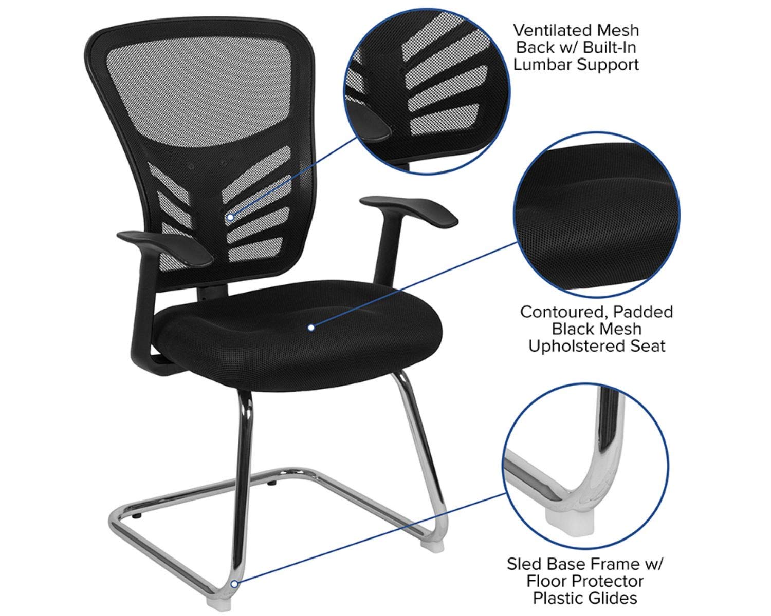 Flash Furniture Steve Black Mesh Office Reception Chair with Chrome Sled Base - Comfortable Waiting Room Seating for Clinics, Hotels & Lobbies
